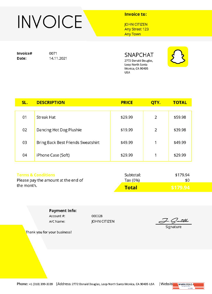 USA Snapchat invoice PSD template